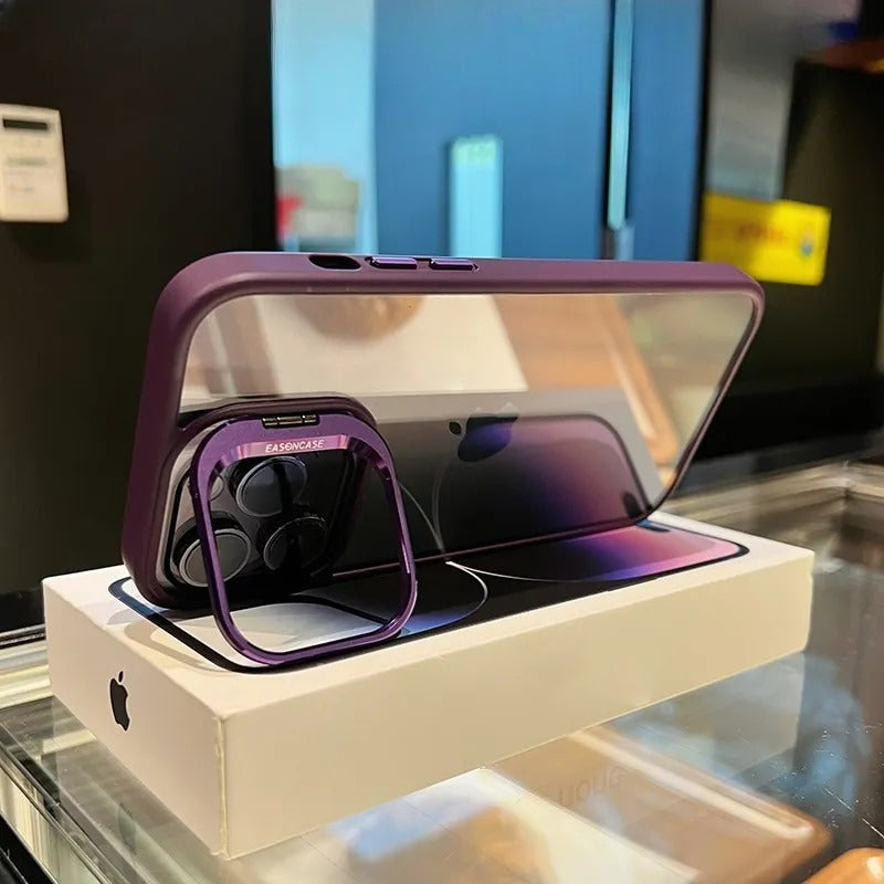 iPhone Hollow Flipping Lens Bracket Case Cover Deep Purple
